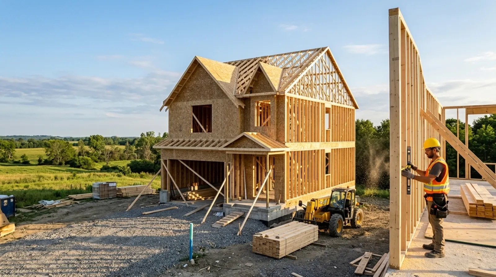 Structural framing work at golden hour